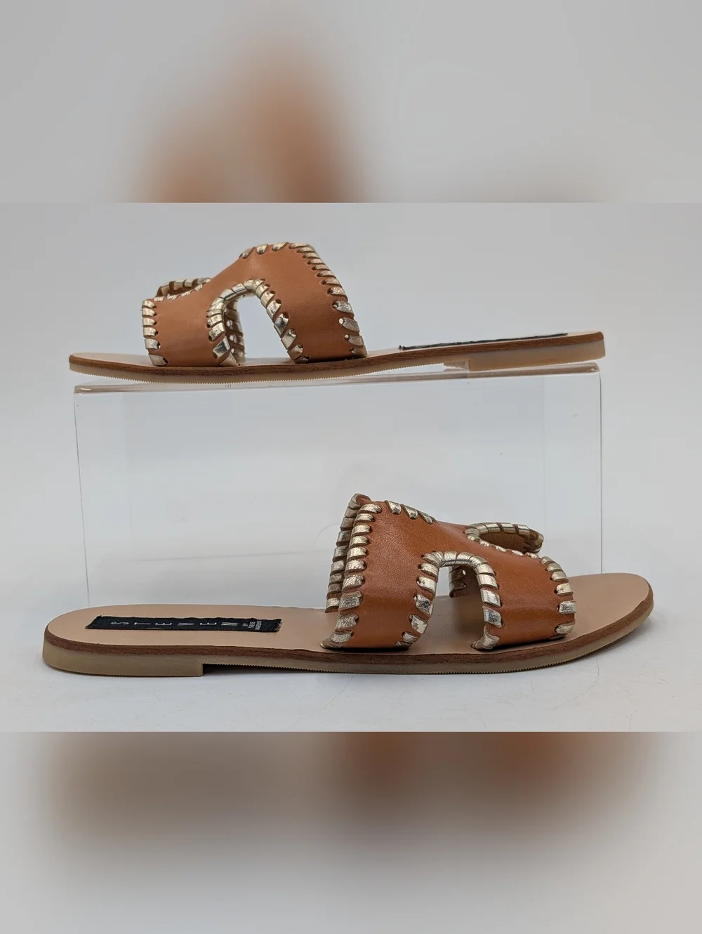 Steve Madden Greece Size 7 Genuine Leather Cognac Silver Metallic-Accent Flats
